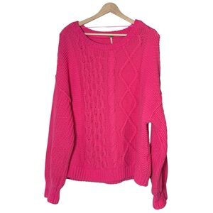 Free People Chunky Cable Knit Oversized Pullover Sweater Size M Hot Pink Casual